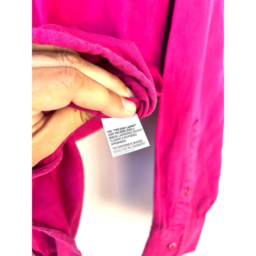Vintage Yves Saint Laurent Oversized Button Down Fuchsia Pink YSL Logo Shirt Med - Picture 8 of 9